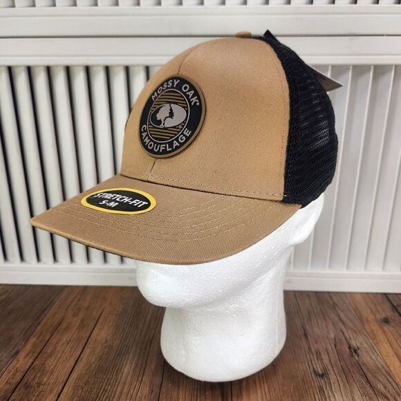 Mossy Oak Camouflage Hat Cap Fitted S/M Tan Black Outdoors Mesh Mens Hunting NEW - Picture 1 of 11